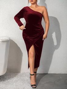 SHEIN Clasi Plus One Shoulder Wrap Hem Velvet Dress - Maroon - View 3
