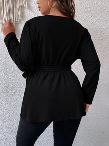 Celure Plus Surplice Neck Belted Peplum Blouse - Black - View 2
