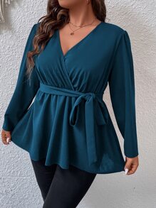 Flirla Plus Surplice Neck Belted Peplum Blouse - Teal Blue - View 4