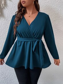 Flirla Plus Surplice Neck Belted Peplum Blouse - Teal Blue - View 5