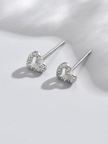Cubic Zirconia Heart Stud Earrings Valentines,Mom,Mother,Mother's Day,Gift - Silver - View 2