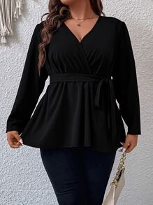 Celure Plus Surplice Neck Belted Peplum Blouse - Black - View 4