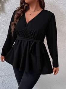 Celure Plus Surplice Neck Belted Peplum Blouse - Black - View 5