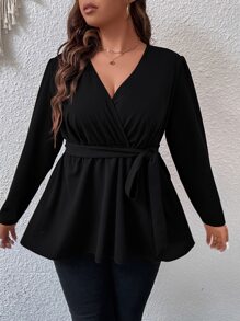 Celure Plus Surplice Neck Belted Peplum Blouse - Black - View 6