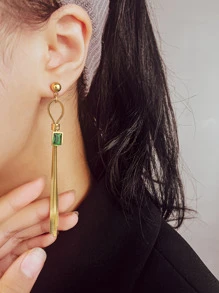 方晶鋯石矩形和鏈條流蘇耳墜 - 金黃色 - 查看 3