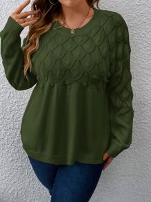 SHEIN LUNE Plus Pointelle Knit Drop Shoulder Jumper - Dark Green - View 1