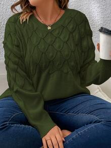 SHEIN LUNE Plus Pointelle Knit Drop Shoulder Jumper - Dark Green - View 3