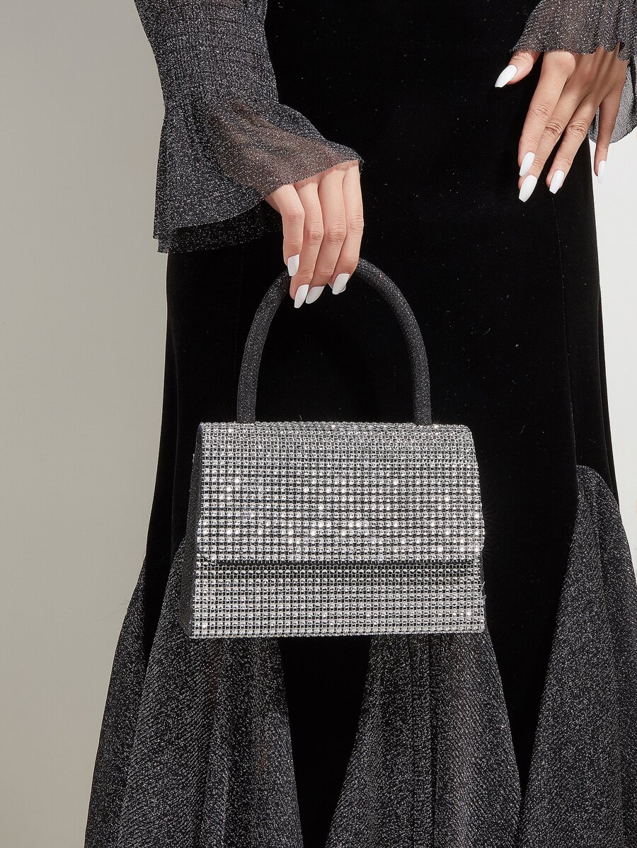 Lấp lánh lấp lánh quyến rũ, sequin, sang trọng, sáng bóng Mini trang trí bằng kim cương giả Túi vuông có nắp túi buổi tối, túi đựng đồ ăn tối bằng kim cương giả, ngọc trai giả cho cô gái dự tiệc, phụ nữ, cô dâu Hoàn hảo cho bữa tiệc, đám cưới, vũ hội, bữa tối/tiệc, cho cocktail - Bạc - Xem 1