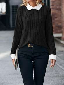 SHEIN LUNE 拼接領條紋針織T恤 - 黑色 - 查看 1