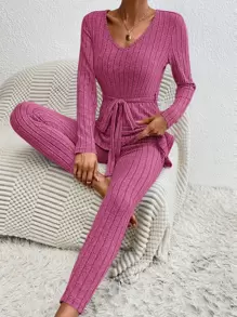 SHEIN Essnce 素色下擺開叉腰帶T恤和緊身褲 - 玫紅色 - 查看 1