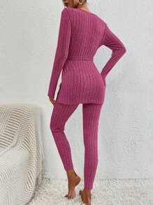 SHEIN Essnce 素色下擺開叉腰帶T恤和緊身褲 - 玫紅色 - 查看 2