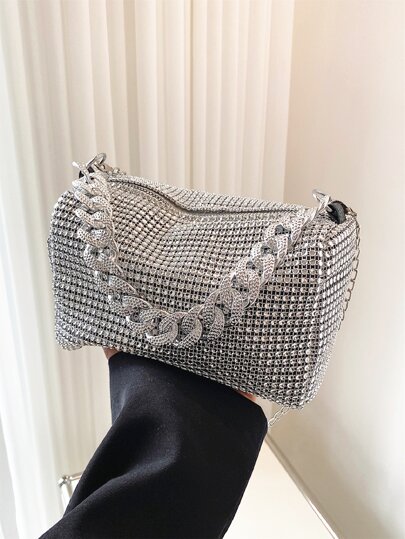 Fashionable Mini Clear Chain Shoulder Bag With Rhinestone Decor For Evening Party, Glamorous Rhinestone Bag