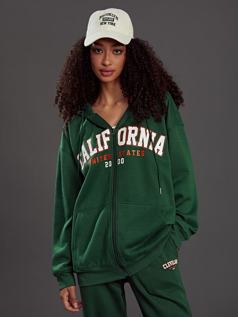 SHEIN EZwear Letter Graphic Zip Up Drop Shoulder Drawstring Hoodie - Dark Green - View 1