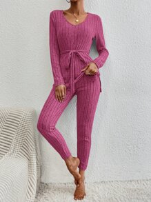 SHEIN Essnce 素色下擺開叉腰帶T恤和緊身褲 - 玫紅色 - 查看 3