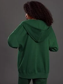 SHEIN EZwear Letter Graphic Zip Up Drop Shoulder Drawstring Hoodie - Dark Green - View 2