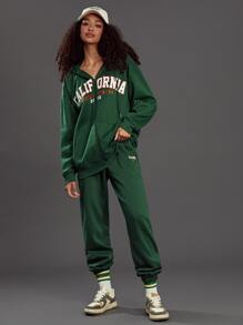 SHEIN EZwear Letter Graphic Zip Up Drop Shoulder Drawstring Hoodie - Dark Green - View 3