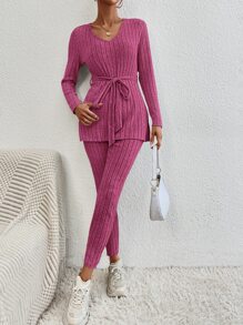 SHEIN Essnce 素色下擺開叉腰帶T恤和緊身褲 - 玫紅色 - 查看 4