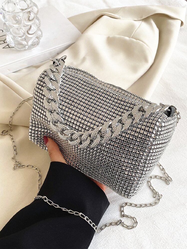 Fashionable Mini Clear Chain Shoulder Bag With Rhinestone Decor For Evening Party, Glamorous Rhinestone Bag - Silver - View 6