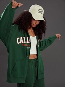 SHEIN EZwear Letter Graphic Zip Up Drop Shoulder Drawstring Hoodie - Dark Green - View 4