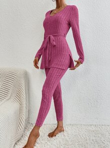 SHEIN Essnce 素色下擺開叉腰帶T恤和緊身褲 - 玫紅色 - 查看 5