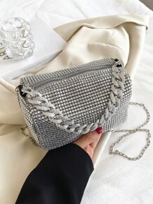 Fashionable Mini Clear Chain Shoulder Bag With Rhinestone Decor For Evening Party, Glamorous Rhinestone Bag - Silver - View 7