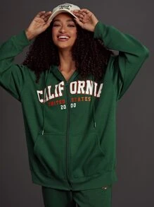 SHEIN EZwear Letter Graphic Zip Up Drop Shoulder Drawstring Hoodie - Dark Green - View 6