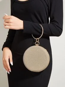 Glamorous Glitter Bling, Sequin, Luxury, Shiny Mini Rhinestone Decor Ring Handle Design Glitter Chain Circle Bag, Perfect Bride Purse For Wedding, Prom & Party Events Evening Bag, Dinner Bag For Party Girl, Woman - Gold - View 1