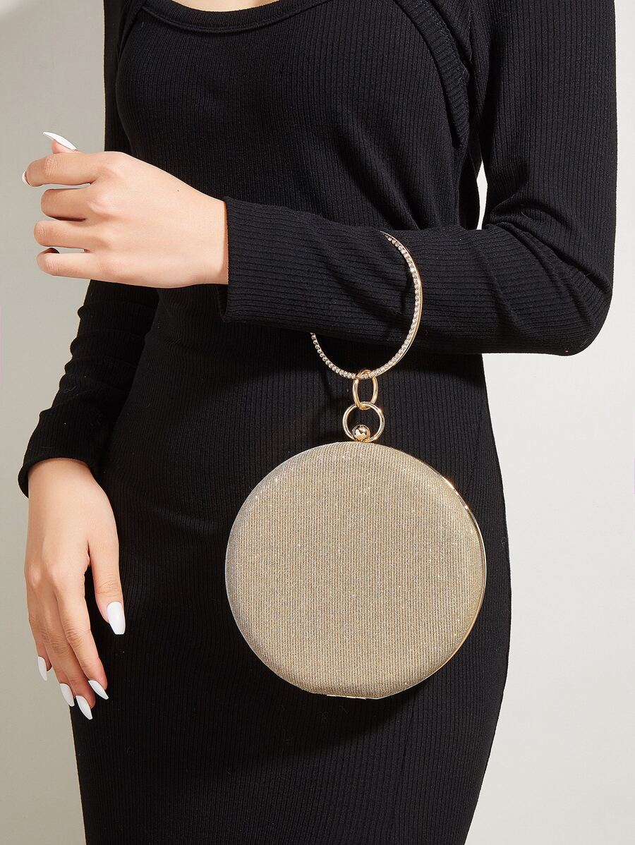 Glamorous Glitter Bling, Sequin, Luxury, Shiny Mini Rhinestone Decor Ring Handle Design Glitter Chain Circle Bag, Perfect Bride Purse For Wedding, Prom & Party Events Evening Bag, Dinner Bag For Party Girl, Woman - Gold - View 1