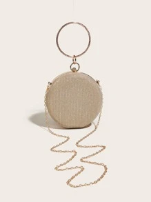 Glamorous Glitter Bling, Sequin, Luxury, Shiny Mini Rhinestone Decor Ring Handle Design Glitter Chain Circle Bag, Perfect Bride Purse For Wedding, Prom & Party Events Evening Bag, Dinner Bag For Party Girl, Woman - Gold - View 7