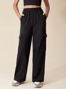 SHEIN EZwear Flap Pocket Side Cargo Joggers - Black - View 1
