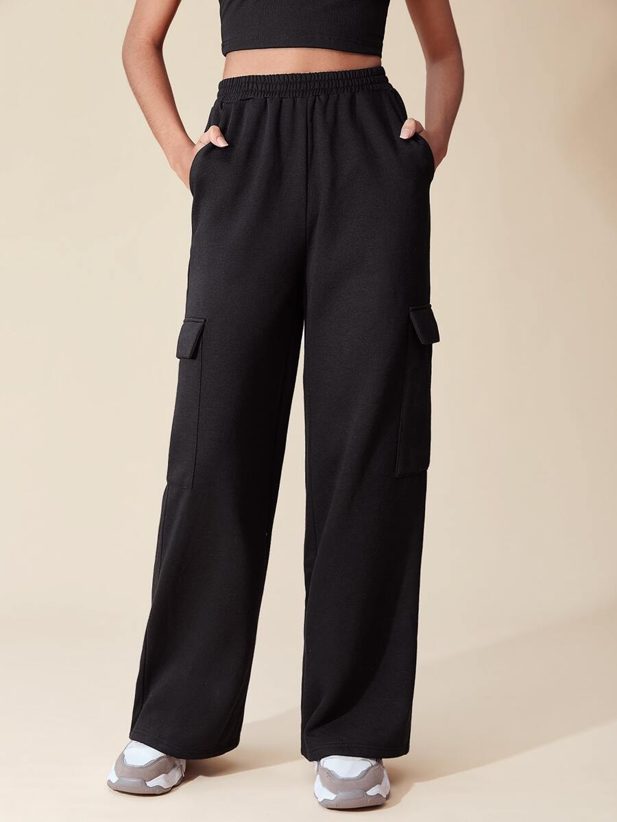 SHEIN EZwear Flap Pocket Side Cargo Joggers - Black - View 1