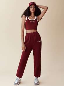 SHEIN EZwear Pantalones deportivos con estampado de letra con bolsillo oblicuo - Burdeos - Ver 1