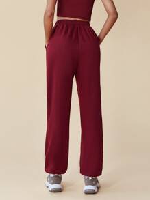 SHEIN EZwear Pantalones deportivos con estampado de letra con bolsillo oblicuo - Burdeos - Ver 2