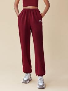 SHEIN EZwear Pantalones deportivos con estampado de letra con bolsillo oblicuo - Burdeos - Ver 4