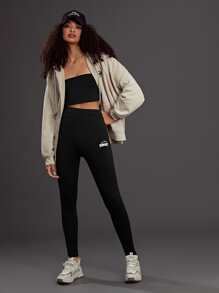 SHEIN EZwear Letter Graphic Tummy Control Leggings - Black - View 1