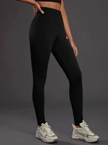 SHEIN EZwear Letter Graphic Tummy Control Leggings - Black - View 3