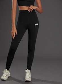 SHEIN EZwear Letter Graphic Tummy Control Leggings - Black - View 4