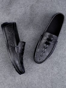 Men Crocodile Embossed Casual Loafers - Black - View 5