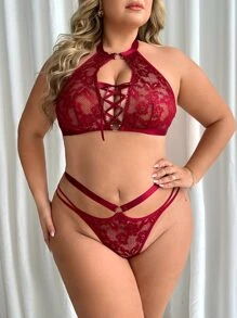 Plus Floral Lace Lace Up Front Halter Lingerie Set - Burgundy - View 1