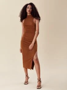 SHEIN Privé Mock Neck Ruched Split Thigh Dress - Brown - View 3