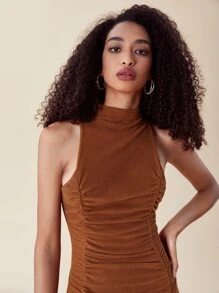 SHEIN Privé Mock Neck Ruched Split Thigh Dress - Brown - View 4