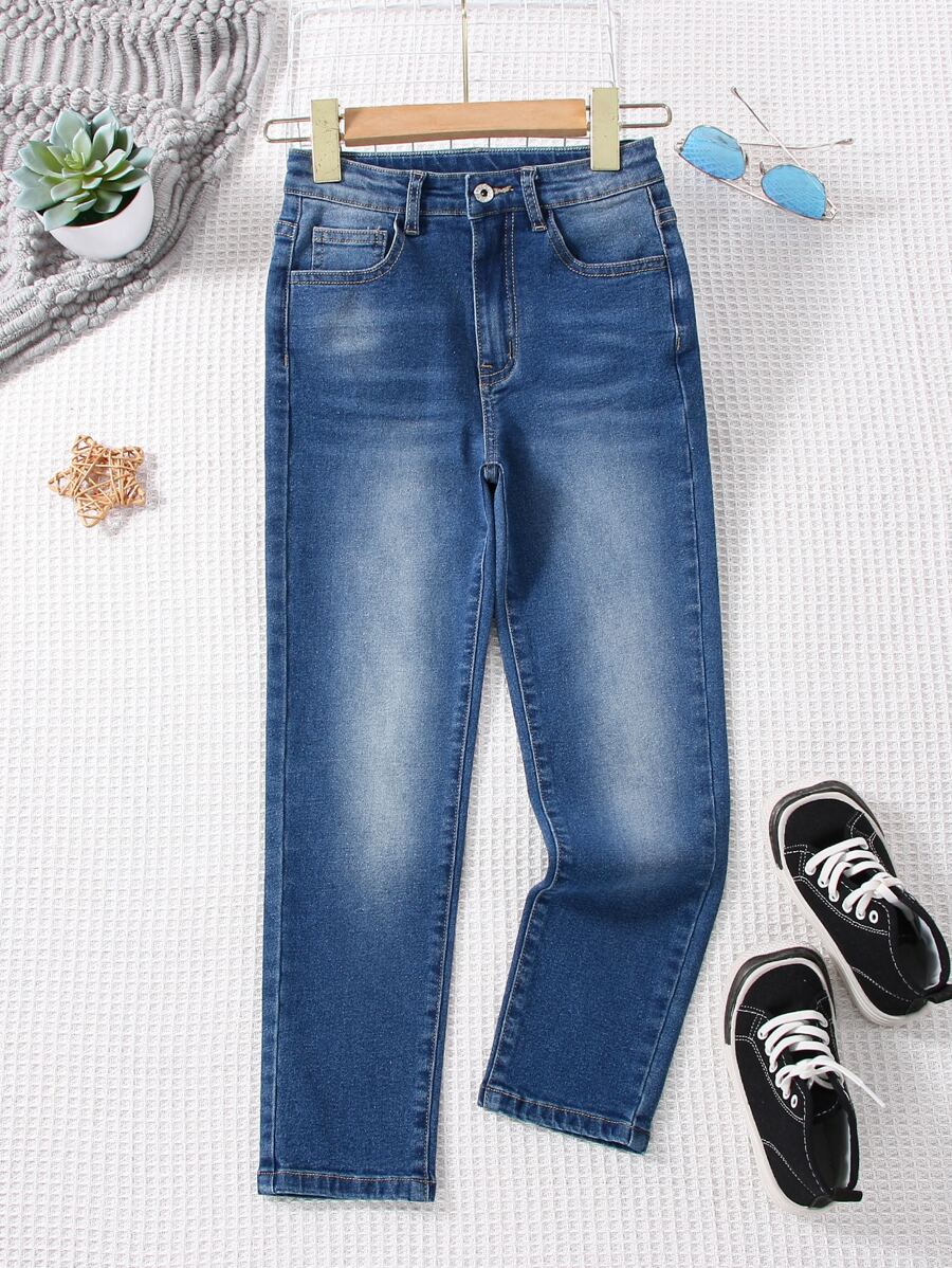 Boys Bleach Wash Straight Leg Jeans - Dark Wash - View 1
