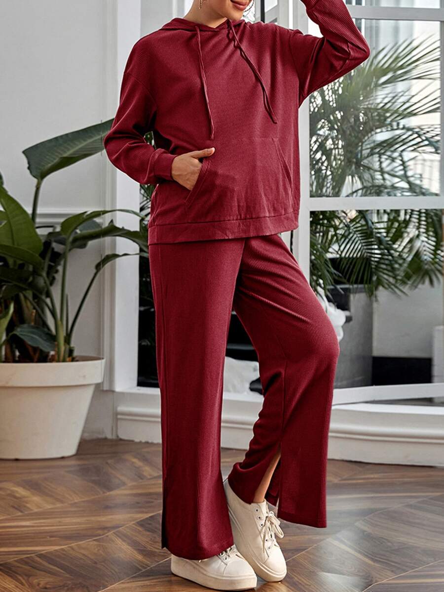 SHEIN Maternity Drop Shoulder Kangaroo Pocket Drawstring Hoodie & Adjustable Waist Split Hem Joggers - Burgundy - View 1