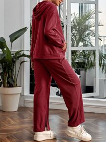 SHEIN Maternity Drop Shoulder Kangaroo Pocket Drawstring Hoodie & Adjustable Waist Split Hem Joggers - Burgundy - View 2