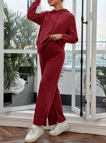 SHEIN Maternity Drop Shoulder Kangaroo Pocket Drawstring Hoodie & Adjustable Waist Split Hem Joggers - Burgundy - View 3