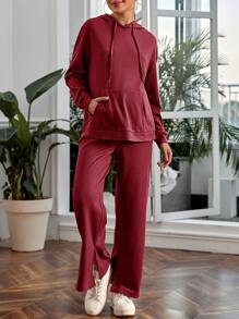 SHEIN Maternity Drop Shoulder Kangaroo Pocket Drawstring Hoodie & Adjustable Waist Split Hem Joggers - Burgundy - View 5