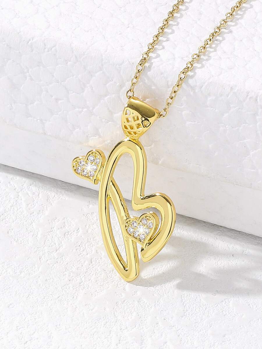 Cubic Zirconia Heart Decor Letter Charm Necklace - Yellow Gold - View 1