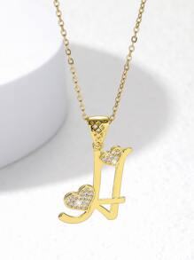 Cubic Zirconia Heart Decor Letter Charm Necklace - Yellow Gold - View 2