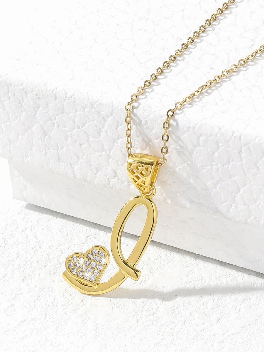 Cubic Zirconia Heart Decor Letter Charm Necklace - Yellow Gold - View 1