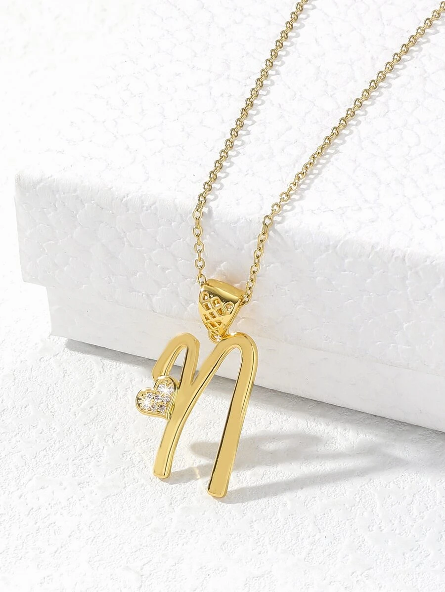 Cubic Zirconia Heart Decor Letter Charm Necklace - Yellow Gold - View 1